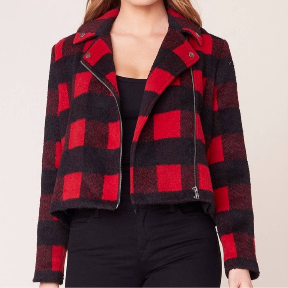 Jack by BB Dakota Bell Behaved Red and Black Plaid Moto Jacket